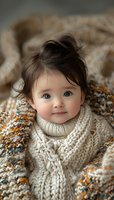 Adorable baby with dark hair and bright eyes wearing cream cable knit sweater, wrapped in cozy knitted blanket. Soft natural lighting creates warm atmosphere.