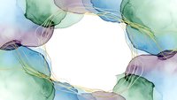 Watercolor abstract frame with flowing organic shapes in soft green, blue and purple tones creating elegant border for text or design elements.