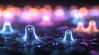 Glowing liquid droplets with neon pink and blue light effects on dark surface, creating abstract digital background for technology and design projects.