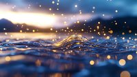Mesmerizing water surface with golden bokeh lights creating magical ripples against blue sunset sky, macro photography capturing liquid motion and light reflections.