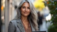 Confident mature businesswoman with long silver hair smiling outdoors in urban setting, representing professional success and authentic aging.