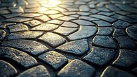 Sunlight reflects off wet cobblestone pavement creating dramatic shadows and highlights on traditional stone street pattern at sunset. Architectural detail.