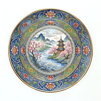 Ornamental porcelain plate featuring traditional Asian landscape with pagoda, cherry blossoms, and mountains, surrounded by decorative blue and gold floral borders. Isolated design element.