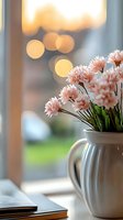 Pink carnations in white ceramic pitcher on windowsill with warm bokeh lights creating cozy home atmosphere for interior design and lifestyle content.