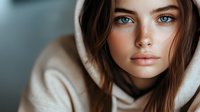 Young woman with striking blue eyes and natural makeup wearing cozy beige hoodie, close-up portrait with soft lighting and shallow depth of field creating dreamy atmosphere.