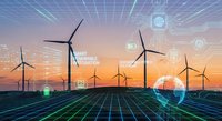 Smart renewable energy wind farm with digital grid overlay and holographic interface elements at sunset for sustainable technology presentations.