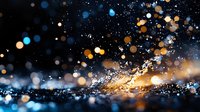 Magical water splash with golden and blue bokeh lights on dark background creates dreamy atmosphere. Dynamic motion of droplets catching light.
