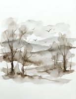 Sepia watercolor landscape with bare trees, rolling hills and flying birds in monochromatic brown tones creating peaceful countryside scenery.
