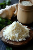 Fresh grated horseradish root on wooden board with herbs and traditional grater for cooking spicy condiments and natural remedies.