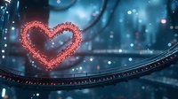 Glowing red heart shape formed by sparkling particles against blurred dark blue cityscape background with bokeh lights and curved architectural element.