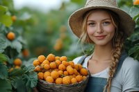 Young female farmer in straw hat and denim overalls holding wicker basket full of fresh picked yellow raspberries in garden during harvest season.