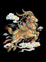 Ornate mythical goat with curved horns, flowing mane, and decorative armor leaping through clouds. Isolated on transparent background, ready for t-shirts, stickers, clipart, and print-on-demand designs.