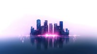 Modern cityscape silhouette reflecting on water surface with neon pink glow and purple sky, futuristic urban landscape with glowing horizon line.