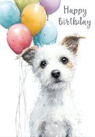 Watercolor illustration of cute white terrier puppy with colorful birthday balloons and greeting text for celebration cards and party invitations.