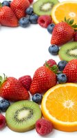 Fresh mixed fruits frame on white background with strawberries, blueberries, kiwi, orange and raspberries for healthy eating and nutrition concepts.