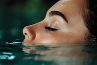 Young woman with closed eyes partially submerged in turquoise water, showing dewy skin and long eyelashes in artistic beauty portrait. Wellness and spa concept.