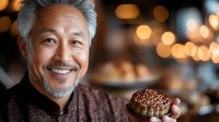 Smiling mature Asian man chef holding chocolate dessert in professional kitchen with warm bokeh lights background.