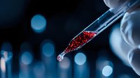 Glass pipette with red liquid sample against blurred blue bokeh background in scientific laboratory setting, dramatic lighting creates medical research atmosphere.