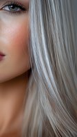 Close-up portrait showing platinum blonde hair, flawless skin texture, and dramatic eye makeup in soft lighting. Artistic beauty and fashion photography concept.
