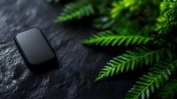 Modern black smartwatch on dark stone surface with fresh green fern leaves creating natural composition. Minimal tech lifestyle photography.