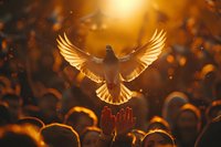 Glowing dove with spread wings flying above reaching hands at sunset, symbolizing hope, freedom and spirituality. Perfect for religious, faith and inspirational designs.