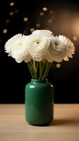 White ranunculus bouquet in a green ceramic vase on a wooden surface with golden bokeh lights on dark background.