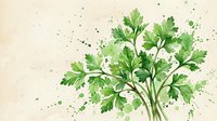 Watercolor parsley bunch with green paint splashes on beige background, fresh herb art for kitchen decor, recipe cards, and food packaging.