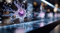 Glowing purple neuron with detailed dendrites and axons floating above digital surface, scientific visualization showing neural network connectivity and synaptic activity.