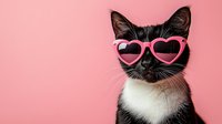 Cool cat wearing pink heart-shaped sunglasses on pastel pink background. Trendy pet portrait for Valentine's Day, love themes, and fashion concepts.