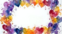 Colorful watercolor hearts frame border with rainbow splashes and paint drops on white background for romantic greeting cards and love designs.