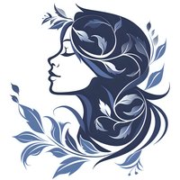 Feminine profile silhouette with flowing hair transformed into elegant floral leaves in navy blue tones, isolated on white background for logo and decorative design.