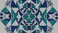 Intricate geometric mandala with blue and teal embroidered textures on neutral background. Symmetrical folk art pattern for textile design and home decor.
