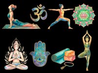 Yoga clipart set with women in poses, om symbol, mandala, hamsa hand, meditation figure, mat and blocks, isolated on transparent background, for stickers, sublimation, t-shirt design.