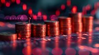 Stacked coins forming ascending graph with red bokeh lights background showing financial growth and investment concept for business analytics.