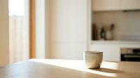 Single ceramic cup with natural glaze sitting on wooden table in bright, minimalist kitchen with sunlight streaming through window, suitable for lifestyle and home decor.