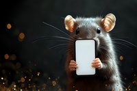 Cute gray rat holding blank smartphone screen against dark background with golden bokeh lights, whiskers and ears visible in close-up portrait.