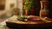 Raw beef steak on rustic wooden cutting board with fresh rosemary sprigs and garlic cloves in warm natural lighting, food preparation setting.