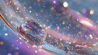Macro water drop on dandelion seed with colorful bokeh background, capturing refraction and light dispersion in dreamy purple and blue tones.