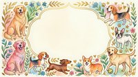 Adorable dog breeds border frame with golden retriever, beagle, corgi and other pets surrounded by floral elements on cream background for pet care designs.
