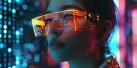 Futuristic augmented reality smart glasses with holographic display interface in neon cyberpunk style. Young woman wearing high-tech eyewear with glowing elements in dark environment.