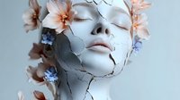 Surreal portrait of woman with cracked porcelain skin and delicate flowers growing from fractures. Conceptual beauty art representing fragility and renewal.