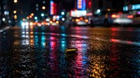 Wet urban street at night with colorful neon lights reflecting on pavement, bokeh city skyline in background. Use for nightlife, urban, and metropolitan design projects.