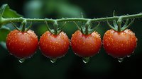 Fresh cherry tomatoes on vine with water drops against dark background, macro photography showing natural organic produce in garden after rain.