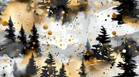 Mystical forest silhouettes with gold and black watercolor splashes on white background. Pine trees create dramatic contrast against abstract paint splatters and dots.