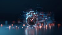 Futuristic holographic alarm clock with glowing digital elements floating in dark space, surrounded by data visualization and bokeh lights on reflective surface.