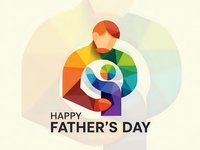 Colorful geometric father and child silhouettes celebrating paternal bond for Father's Day greeting card design with warm gradient background.