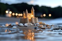 Illuminated sandcastle on beach at sunset with glowing windows and bokeh lights, surrounded by seashells and gentle waves creating magical reflection.