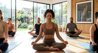 Mixed-race woman leading yoga meditation class in modern studio with diverse group practicing mindfulness and wellness together in peaceful setting.