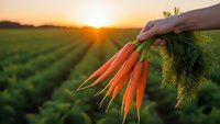 Fresh organic carrots held by farmer hand at sunset over agricultural field rows. Healthy vegetable harvest concept for natural farming and food production.