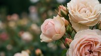Soft pink roses blooming in garden with delicate petals and buds. Romantic floral arrangement perfect for wedding invitations, greeting cards and botanical designs.